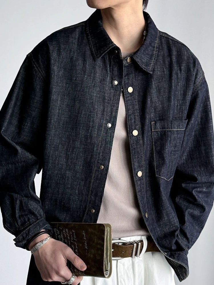 Men's American Vintage Washed Raw Denim Work Shirt Loose Fit Casual Trendy Overshirt Coat Premium Lyocell Spring Fall Streetwear