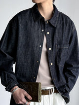 Men's American Vintage Washed Raw Denim Work Shirt Loose Fit Casual Trendy Overshirt Coat Premium Lyocell Spring Fall Streetwear