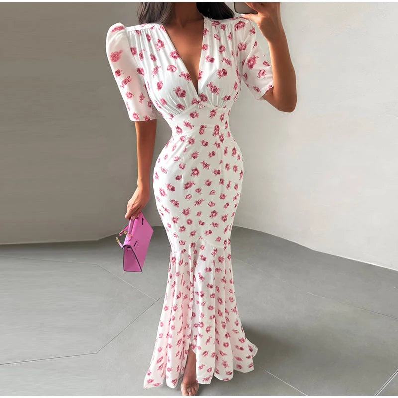Print Chiffon Long Dress Women V Neck Half Sleeves High Waist Ruffles Belts Split Robe Female 2026 Summer Chic Vacation Dresses