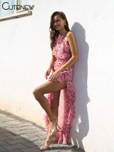 Floral One-Shoulder Ruffle Midi Dress