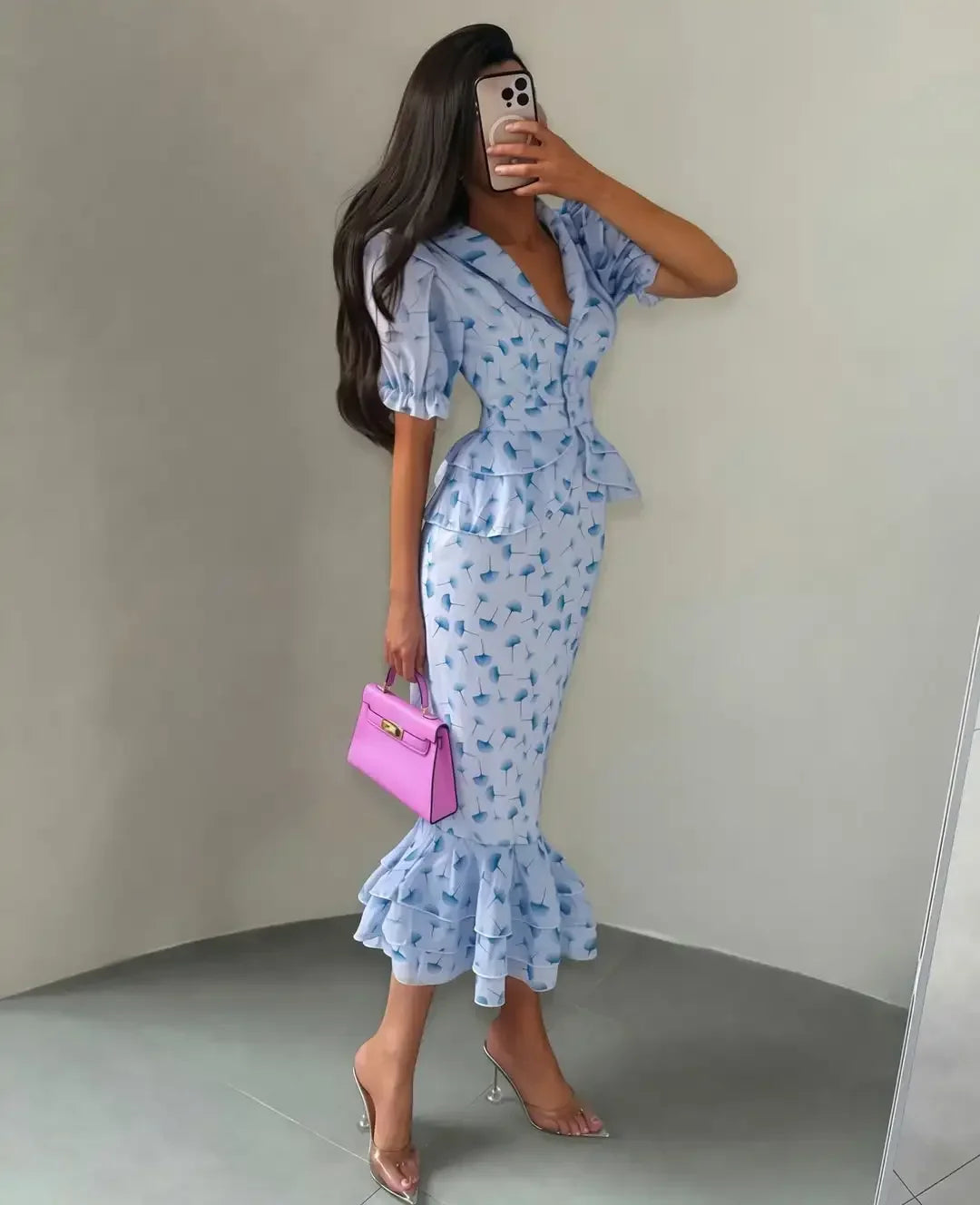 Women Elegant Printed V-neck Dress Chic Lapel Waist Cinched Pleated High Waisted Dresses 2026 Summer New Lady Vacation Gowns