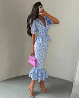 Women Elegant Printed V-neck Dress Chic Lapel Waist Cinched Pleated High Waisted Dresses 2026 Summer New Lady Vacation Gowns