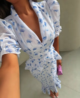 Women Elegant Printed V-neck Dress Chic Lapel Waist Cinched Pleated High Waisted Dresses 2026 Summer New Lady Vacation Gowns