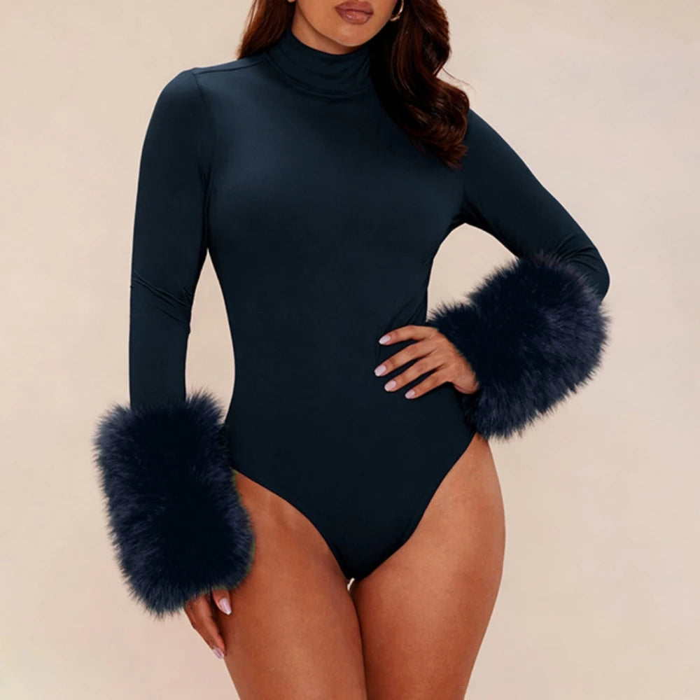 FAGADOER Winter New Sexy Fur Patchwork 2 Pieces Set for Woman Outfits Long Sleeves Bodycon Playsuits + Shorts Female Streetwear