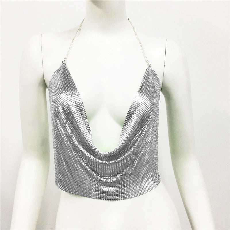Women's Glitter Sequin Halter Top | Backless Camisole