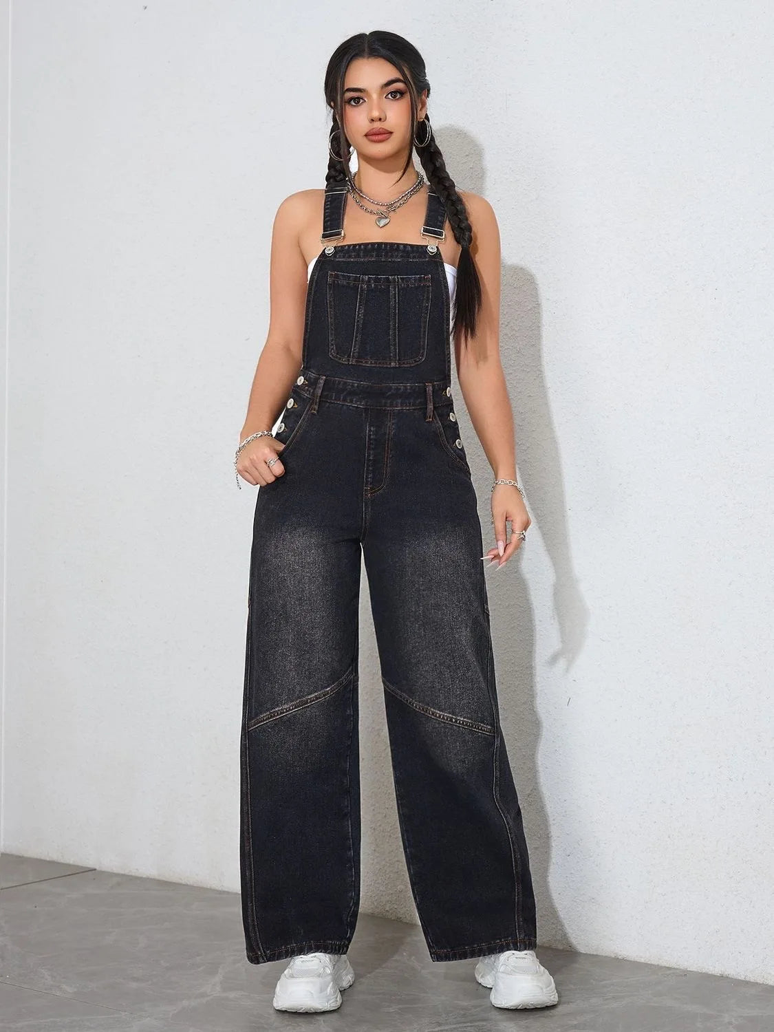 Vintage Black Denim Wide-Leg Jumpsuit – Loose Fit Oversized Overalls