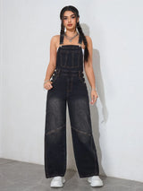 Vintage Black Denim Wide-Leg Jumpsuit – Loose Fit Oversized Overalls