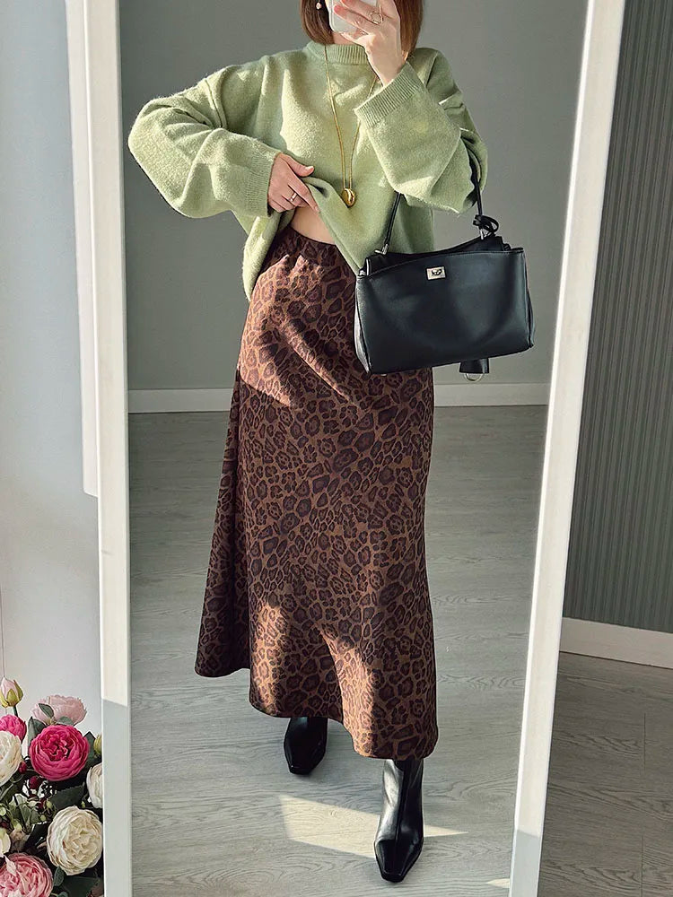 Leopard Print Suede Maxi Skirt – Women's Autumn Winter