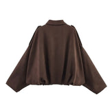 YENKYE New 2025 Women Suede Textured Bomber Jacket Long Sleeve Lapel Collar Loose Coats Casual Female Outerwear Chic Tops
