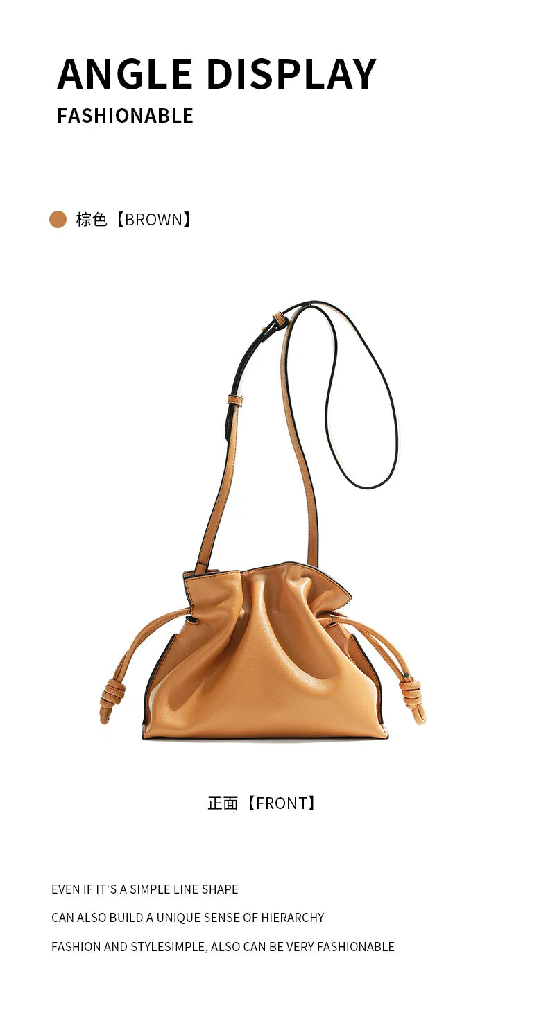 Autumn and Winter Classic Flamenco Fashion Lucky Bag Cloud Bag Genuine Leather Drawstring Shoulder Crossbody Bucket Bag for Wome