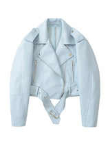 Ailegogo Spring Autumn Women Faux Pu Leather Short Jacket with Belt Motorcycle Biker Female Zipper Lapel Loose Coat Outwear