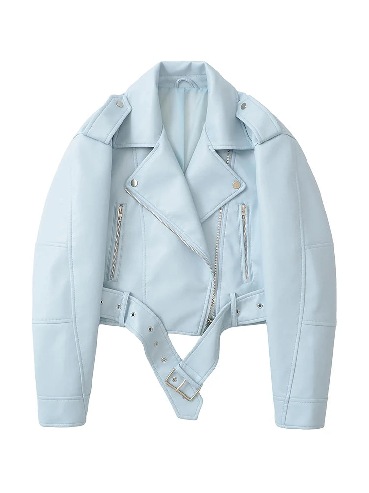 Ailegogo Spring Autumn Women Faux Pu Leather Short Jacket with Belt Motorcycle Biker Female Zipper Lapel Loose Coat Outwear
