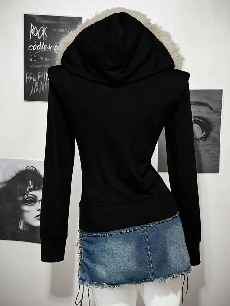 Autumn and Winter Women's Y2K GOTH Zipper Hoodie, Hairy Neck Hat, Slim Fit Long Sleeved Coat, Daily Punk Street Wear Coat