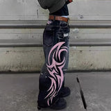 Y2K Dark Wash Wide Leg Jeans with Pink Flame Embroidery