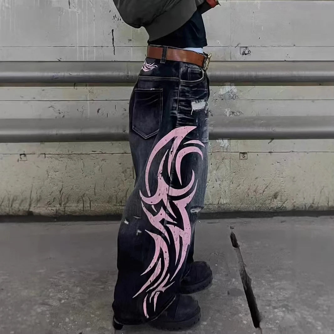 Y2K Dark Wash Wide Leg Jeans with Pink Flame Embroidery