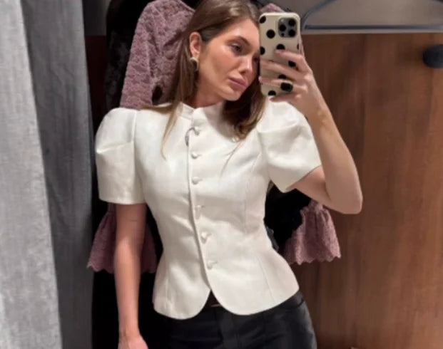 2026 Spring Summer Short Puff Sleeve Frog Button Shirt For Women Stand Collar  Single Breasted Blouse Lady Chic Street Party Top