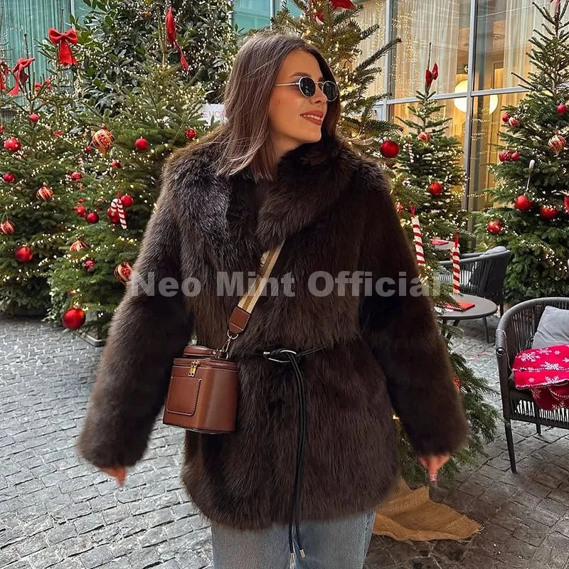 Elegant Winter Walnut Faux Fur Overcoat