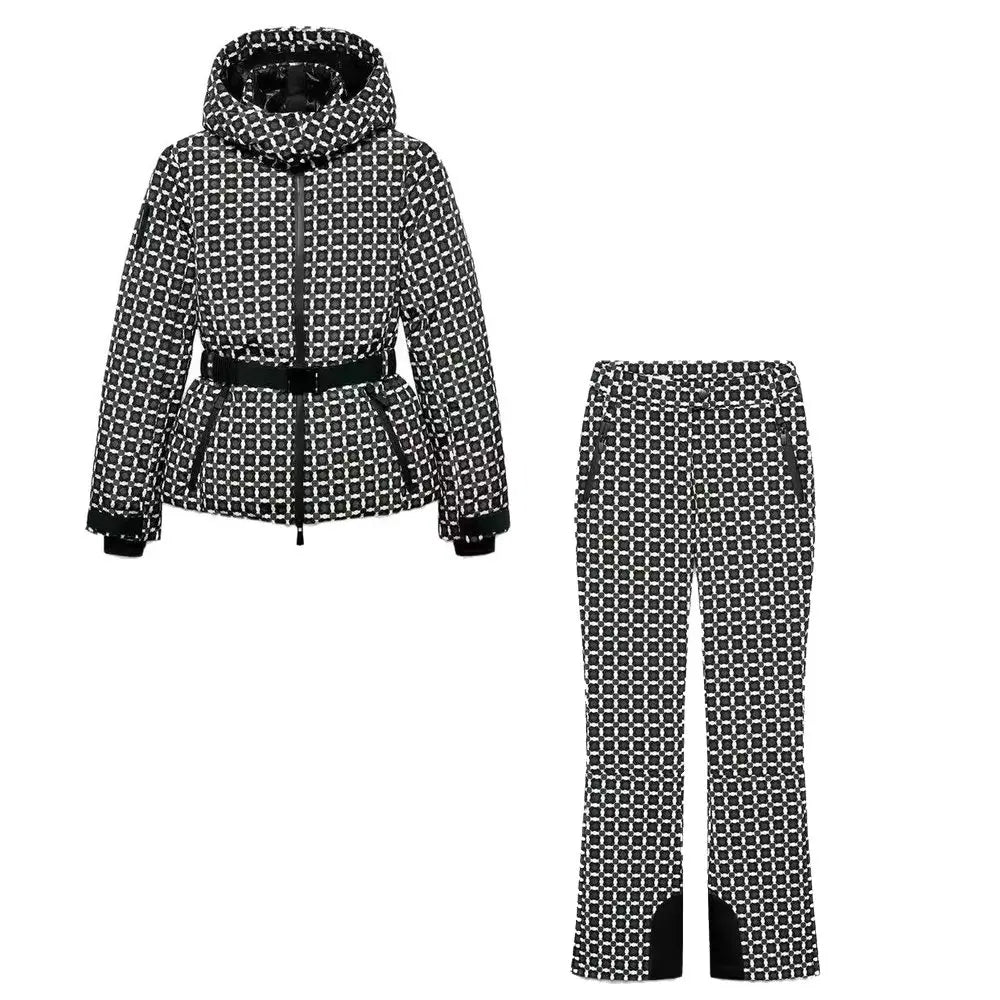 2026 Women's Winter Hooded Padded Sport Parkas Pants 2 PCS Set Belt Female Elegant Warm Windproof Skiing Coats Jackets Trousers