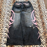 Y2K Dark Wash Wide Leg Jeans with Pink Flame Embroidery