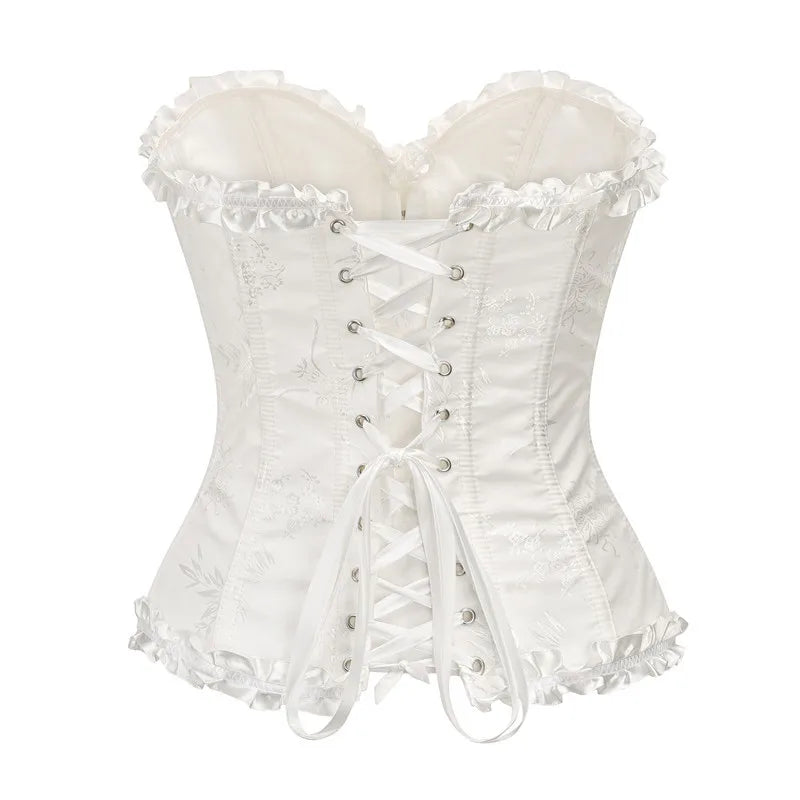 USA-Made Jacquard Ruffled Overbust Corset – Gothic Victorian Push-Up Bustier