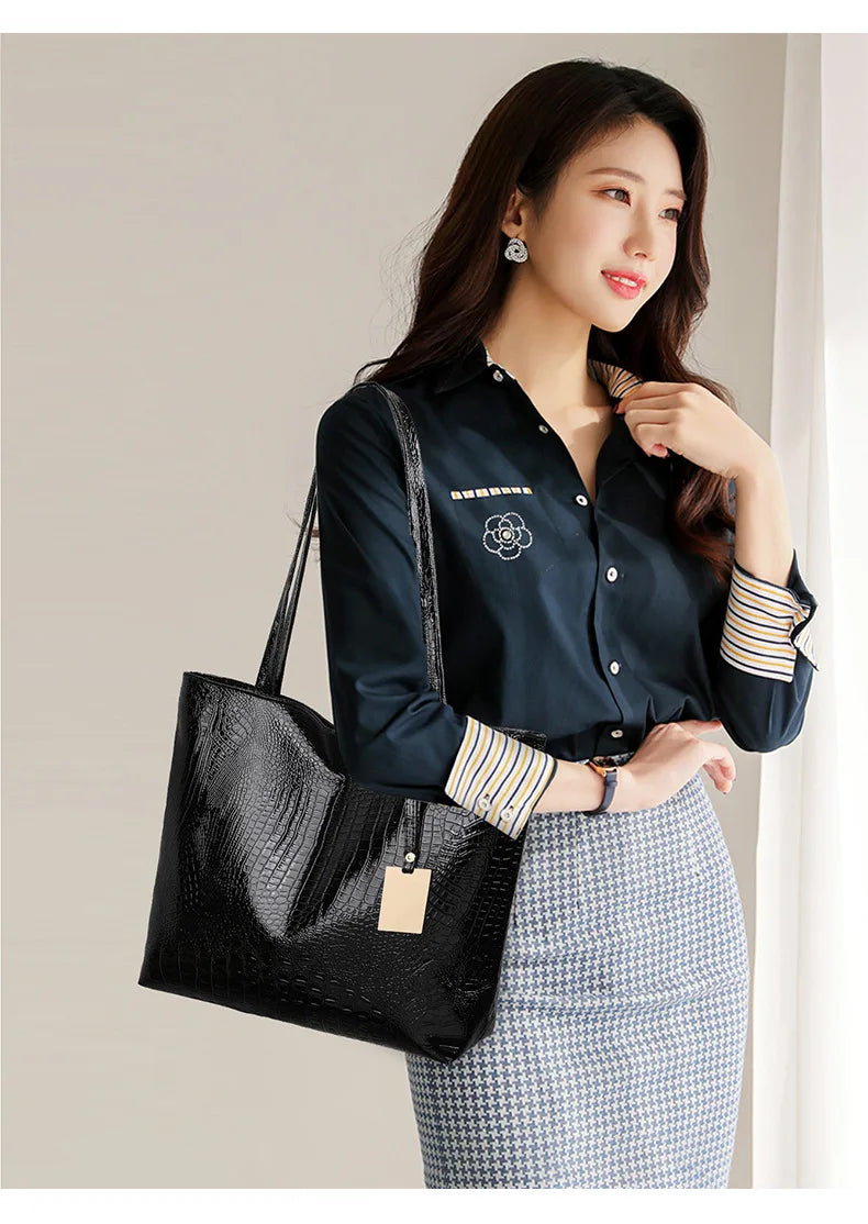 Women's Metallic PU Leather Tote Bag with Zipper