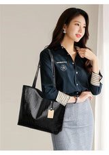 Women's Metallic PU Leather Tote Bag with Zipper