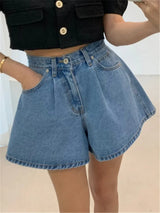 High-Waist Washed Denim Wide-Leg Shorts -Made Casual Blue Jean Shorts
