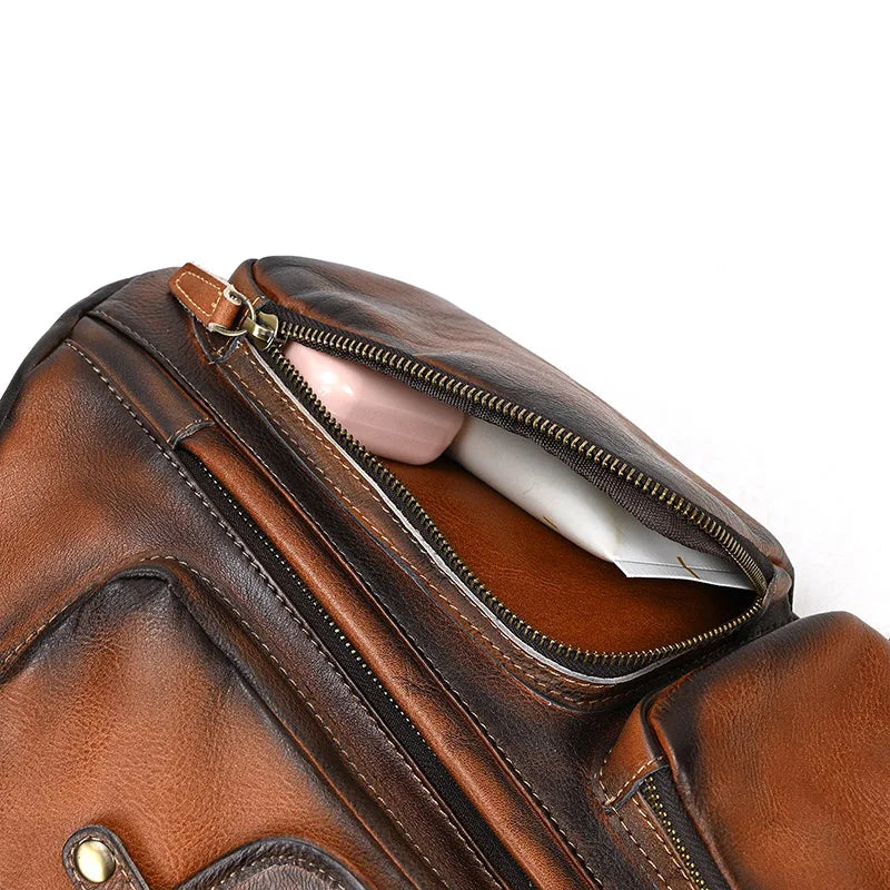 Single Shoulder Bagpack Genuine Leather Chest Bag Outdoor Riding Bag Chest Packs For Biker Men Male Sling Bags Cow Leather