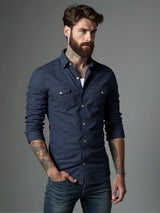 RVHS Elastic Cotton Denim Shirt Men Long Sleeve Quality Cowboy Shirts for Men Casual Slim Fit Mens Designer Clothing