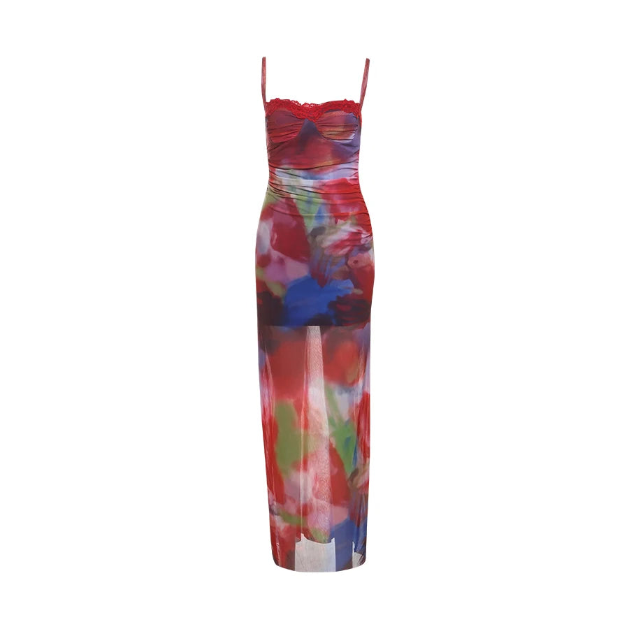 Colorful Lace Maxi Dress with Stretch Fit