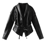 Mauroicardi Spring Autumn Short Retro Brown Pu Leather Jacket Women Sashes Lace Up Luxury Designer Emo Clothes European Fashion