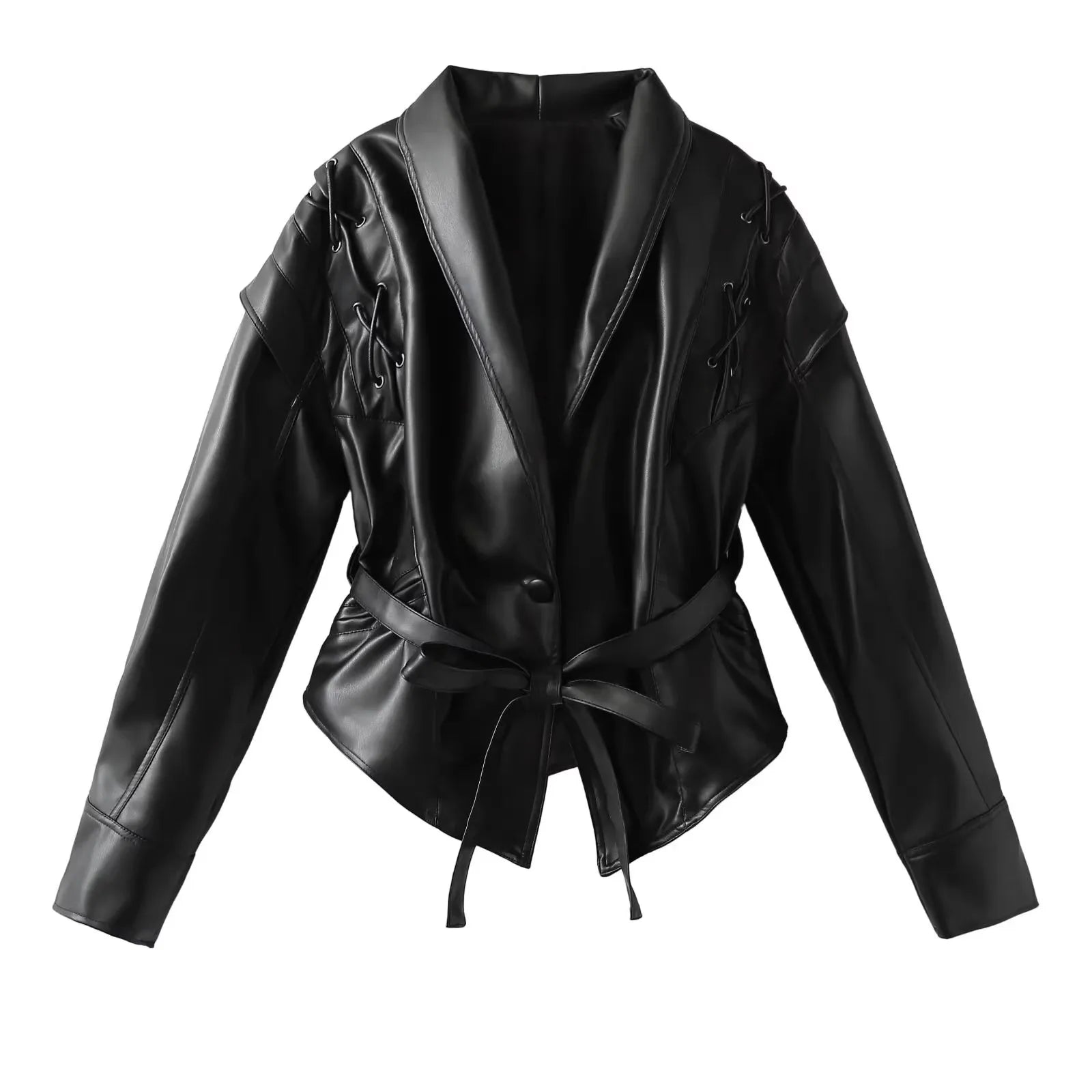 Mauroicardi Spring Autumn Short Retro Brown Pu Leather Jacket Women Sashes Lace Up Luxury Designer Emo Clothes European Fashion