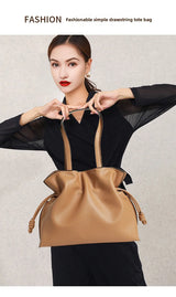 Autumn Winter High-End Leather Bucket Bag Drawstring Pleated Soft Cowhide Single Shoulder Tote Lucky Bag for Women