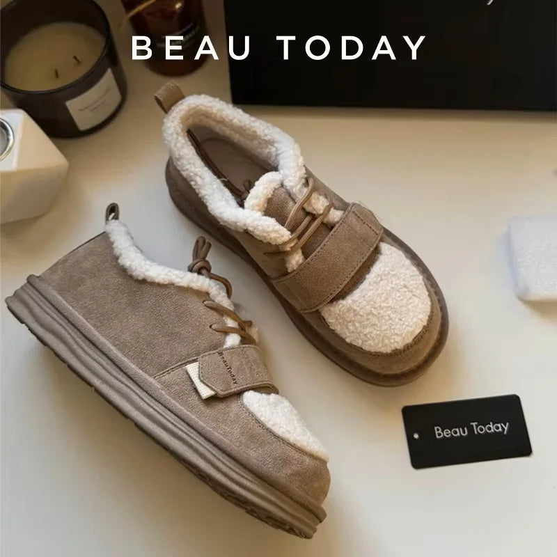 BeauToday Furry Flats Women | Cow Suede Warm Shoes