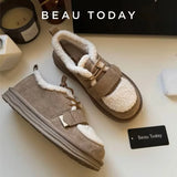 BeauToday Furry Flats Women | Cow Suede Warm Shoes