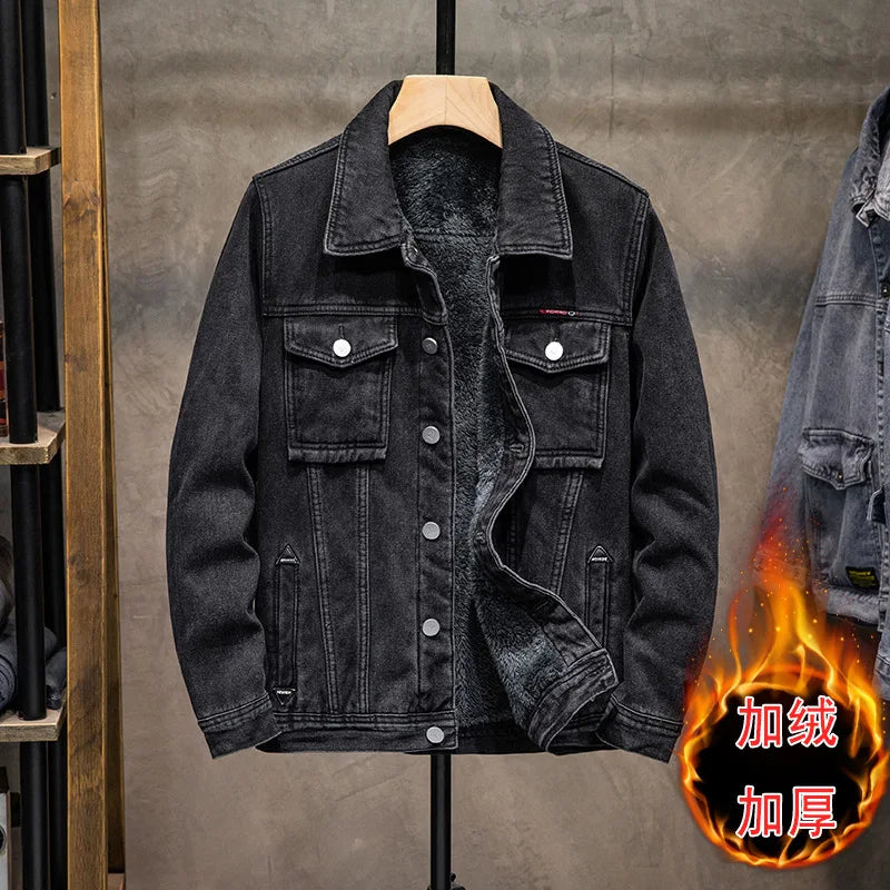 Trendy Workwear Casual Denim Jacket Thickened Fleece Lined Men's Clothing Versatile Jeans Outerwear for Youth