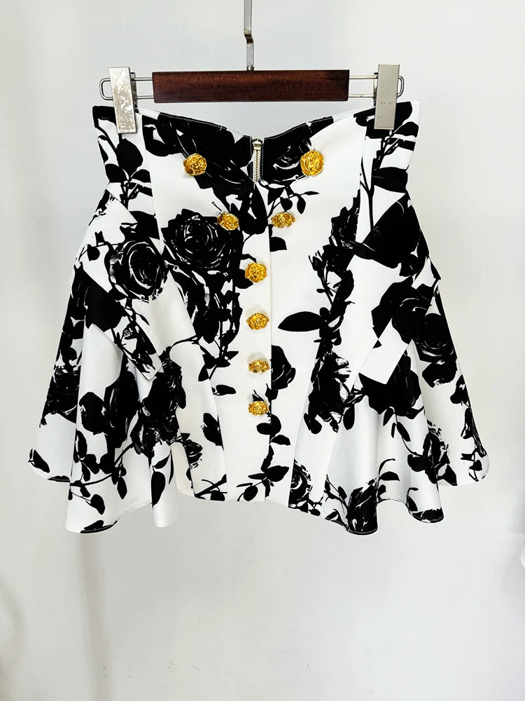 2026 Runway Floral Mini Skirt with Rose Gold Buttons