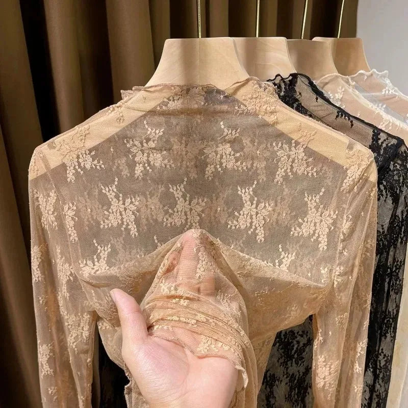 Women’s Floral Lace Mesh Mock Neck Long Sleeve Top