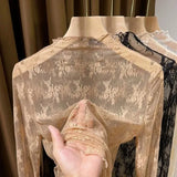 Women’s Floral Lace Mesh Mock Neck Long Sleeve Top