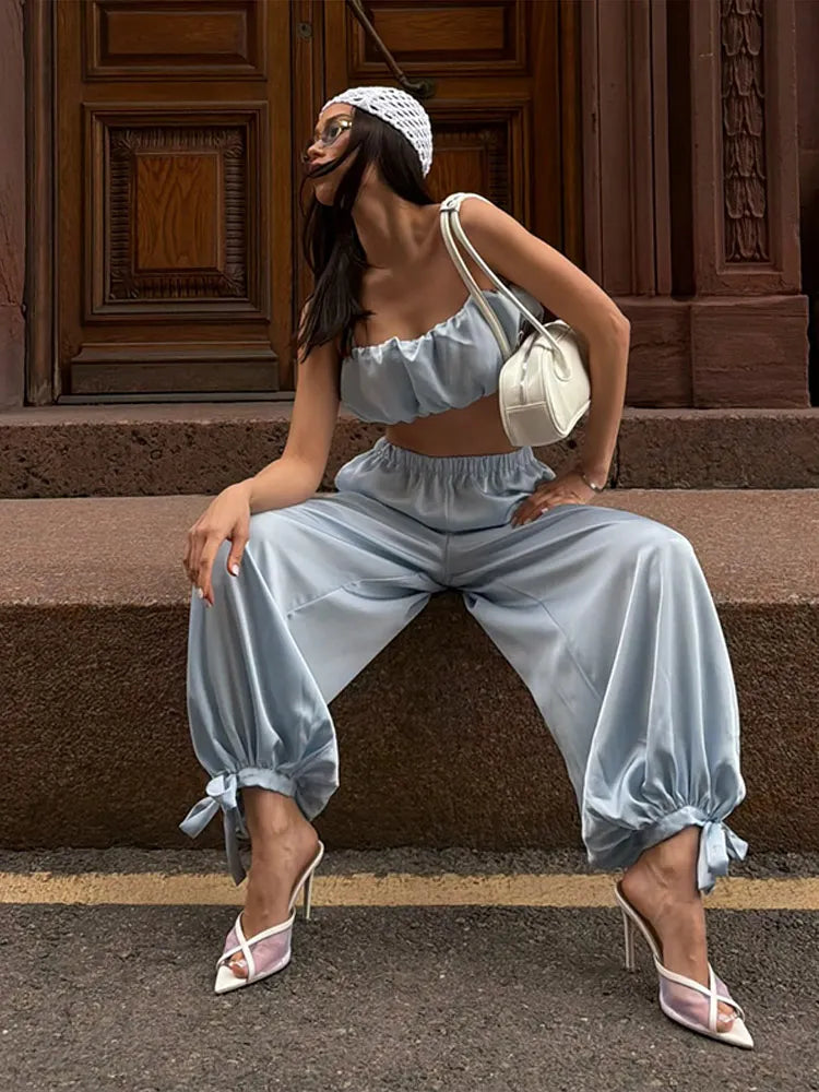 Women's Trousers 2 Pcs Suits Pleated Spaghetti Strap Cropped Tube Tops Elastic Waist Lace Up Pants Charming Ladies Partywear New