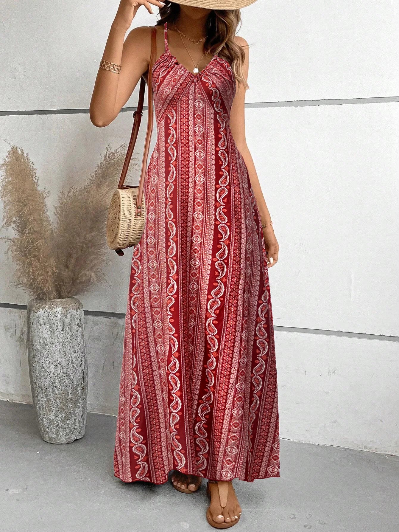Boho Ethnic Frill Trim Maxi Dress