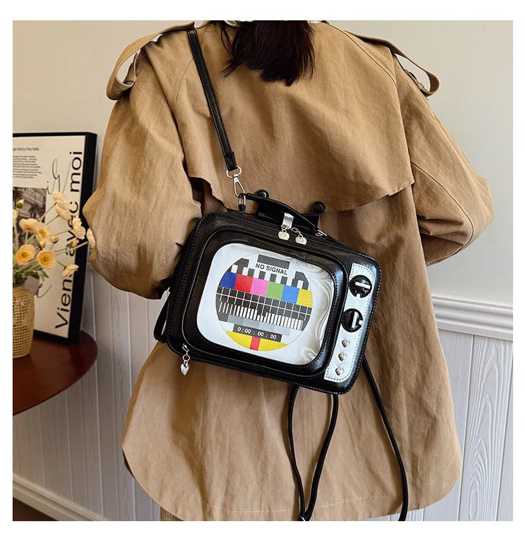 Cartoon Cute Handbags for Women Funny Retro TV Transparent Square Bag Fashion Leather Personalized Creative Shoulder Bag Woman