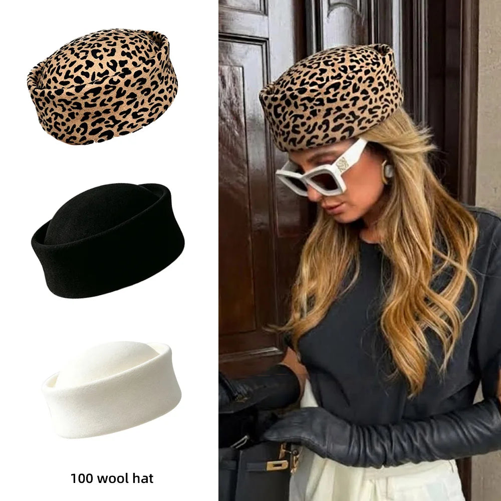 100% Wool Felt Leopard Pillbox Hat Woman Vintage painter French Beret Cap Elegant Brimless Beanie Winter Church Sun Fedora Hats