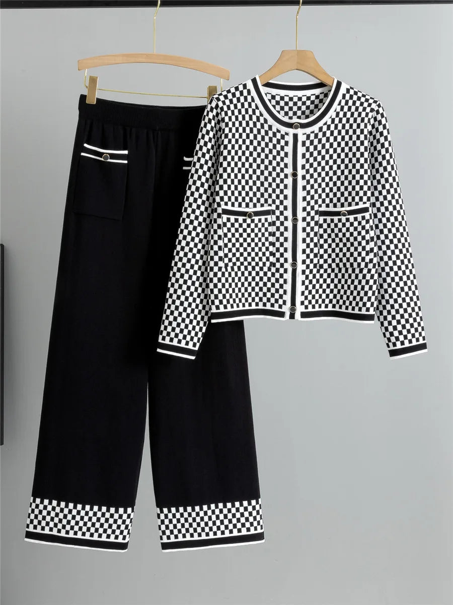 Women's Plaid Knit 2-Piece Set: Button-Down Cardigan & High-Waist Wide Leg Pants