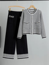 Women's Plaid Knit 2-Piece Set: Button-Down Cardigan & High-Waist Wide Leg Pants