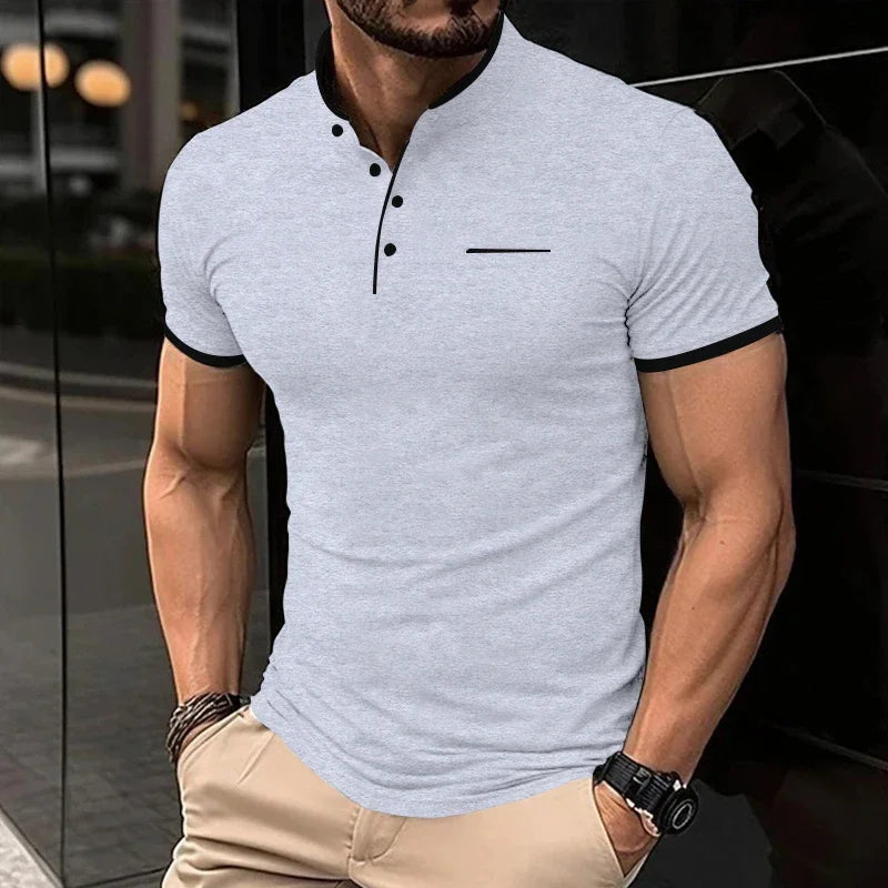 Men's Stand Collar Polo Tee – Solid, Anti-Wrinkle