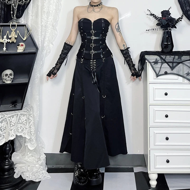 Gothic High-Waist A-Line Midi Skirt | Harajuku Grunge Y2K