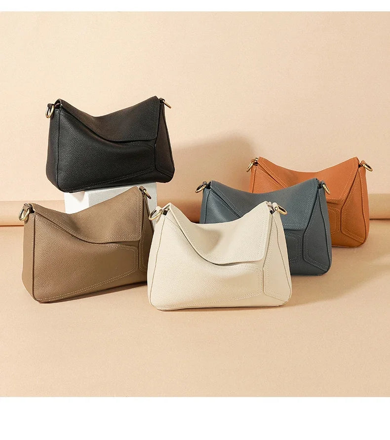 Pure 100% Cowhide Leather Women's Geometric Solid Color Shoulder Bag For Ladies Large Capacity Pillow Crossbody Handbag Luxury