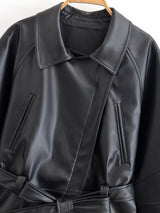 HH Women Fashion Black Short Faux Leather Trench Coat Long Sleeve Lapel Jacket With Belt Vintage Lady Motorcycle Jacket Outwear