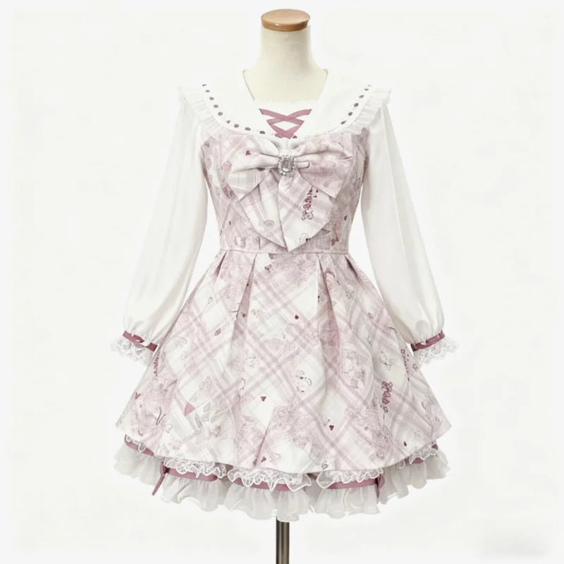 Y2k Japanese Kawaii Two-Piece Sets Long Sleeve Top + Short Skirt Sweet Women Casual Cute Print Bow Patchwork 2025 New Arrival
